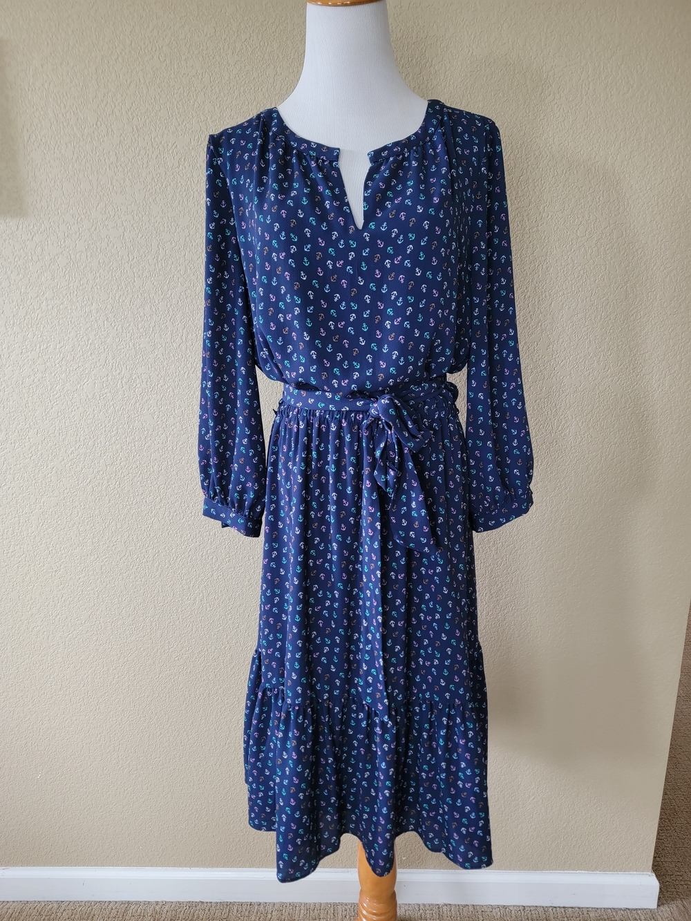Navy Anchor-Print Tie-Waist Midi Dress, Size 14